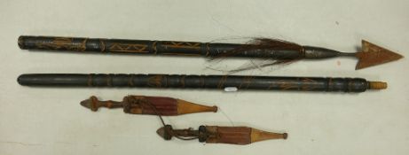 Two Sudanese Camel and Snake Skin Daggers together with a Two Section African Tourist Spear. (3)