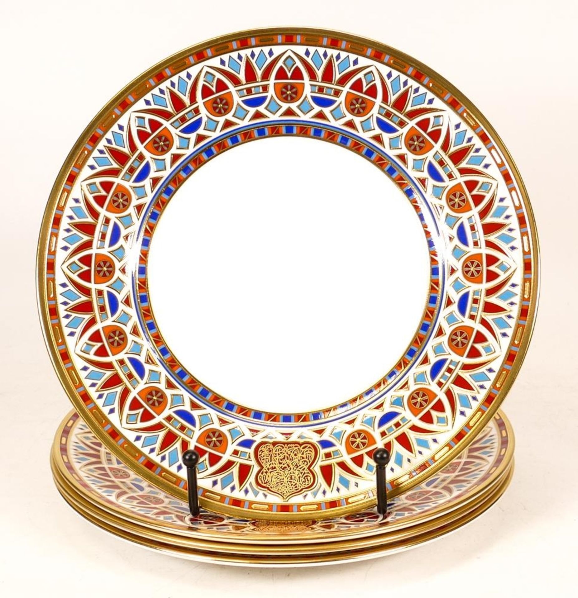 De Lamerie Fine Bone China heavily gilded Private Commission patterned Plates with Arabic Motif,