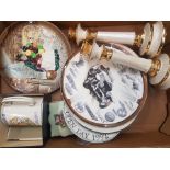A mixed collection of items to include decorative wall plates, Royal Commemorative tankard,