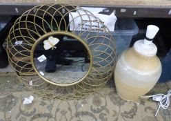 Mid Century Rattan wall mirror 54cm x 54cm together with studio pottery type table lamp (2)