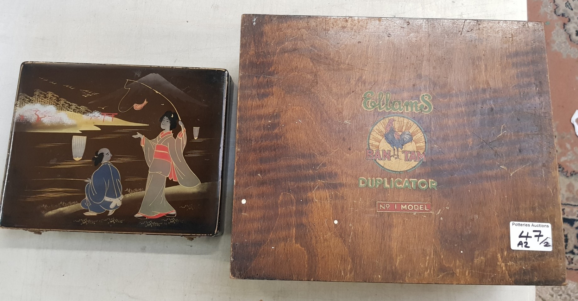 Ellams No 1 Model Duplicator together with vintage japenese laquered box (2)