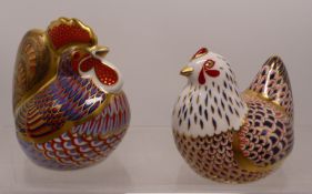 Royal Crown Derby paperweights Chicken and Cockrell, gold stopper (2)