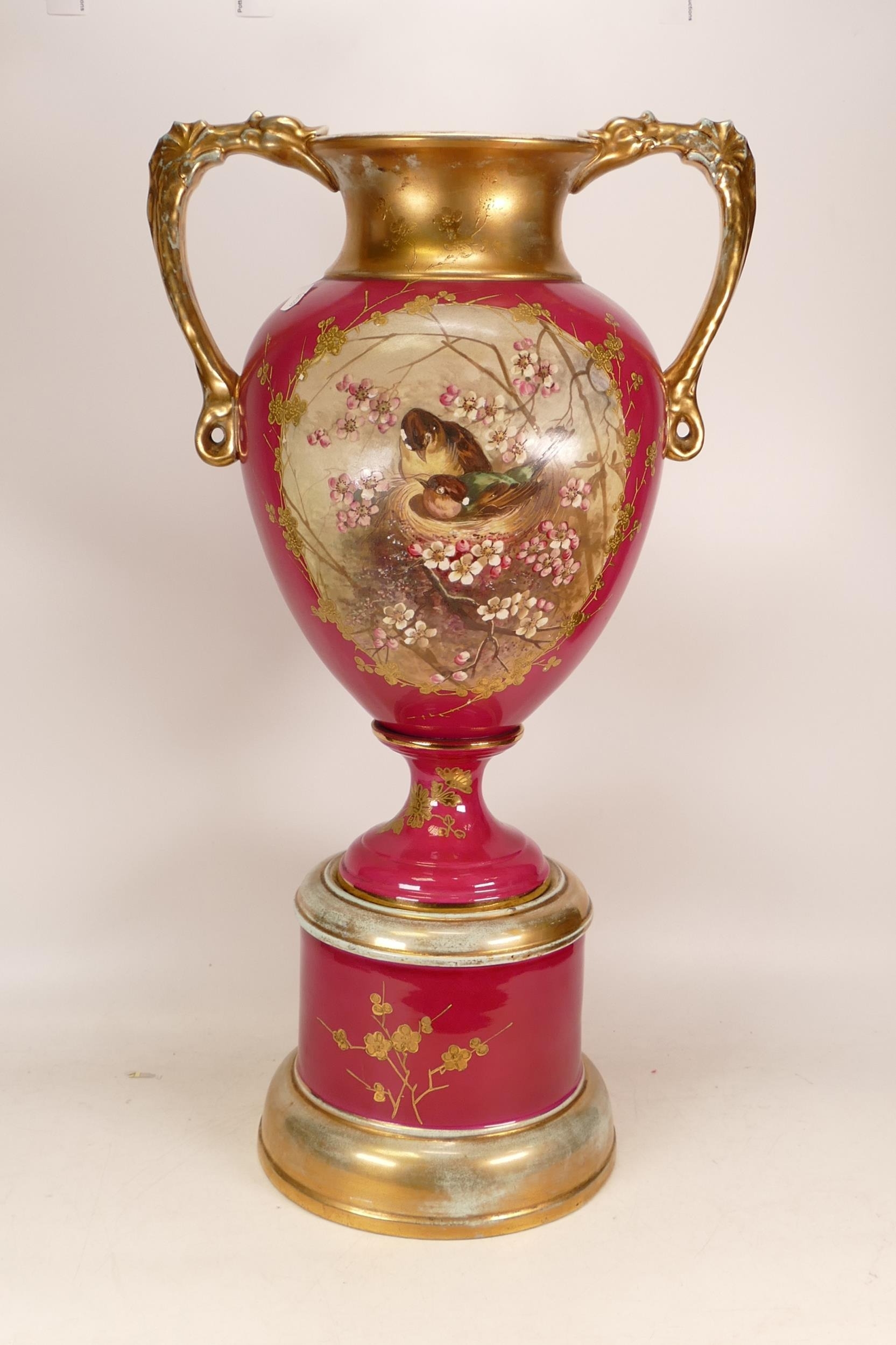 Large Victorian Handpainted Urn on Pedestal. Painted with image of nesting birds. Crazing and