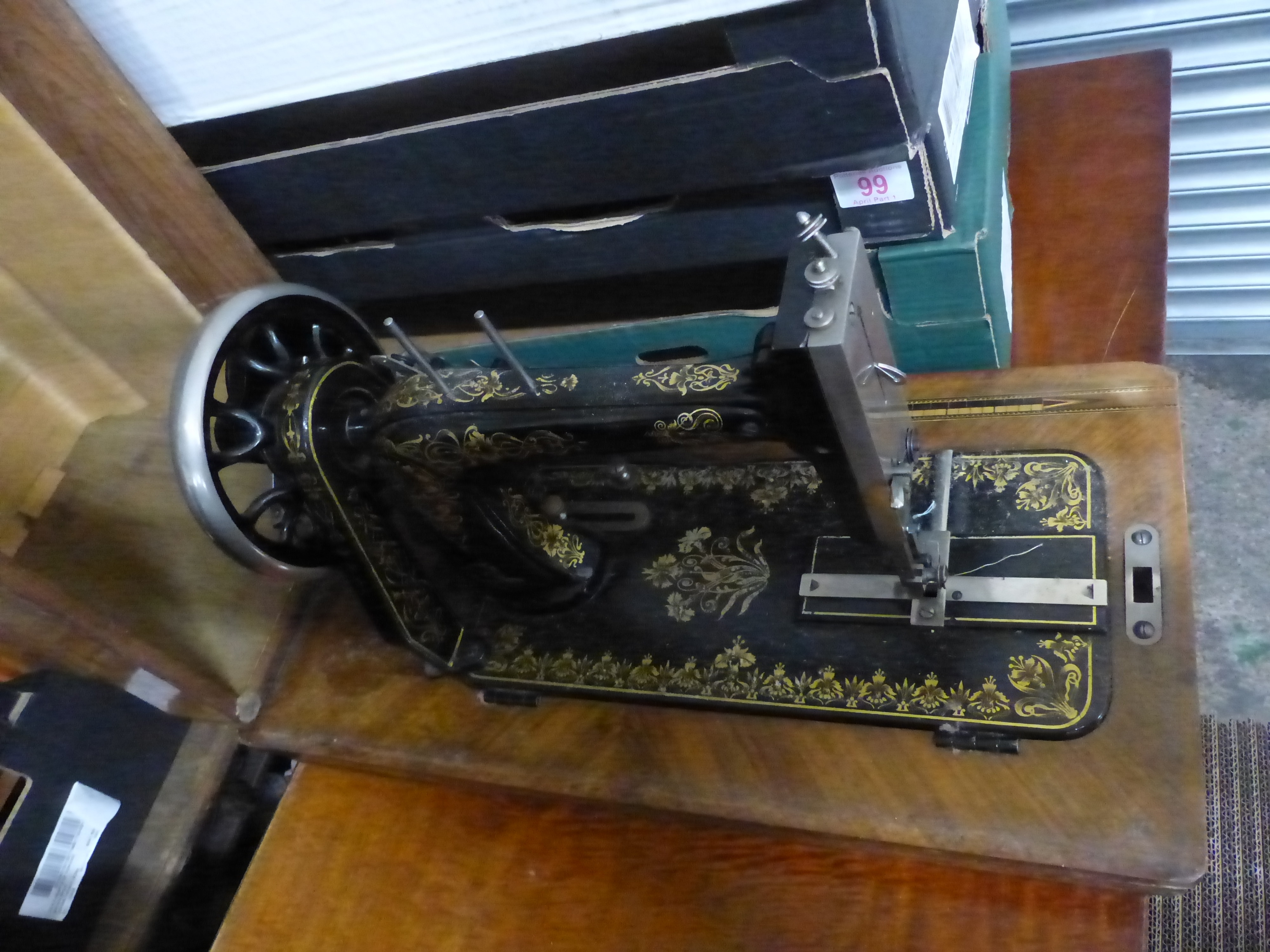 WJ Harris & Co Sewing machine in inlaid wooden case, key present - Image 2 of 2