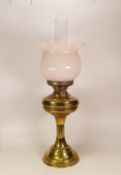 Edwardian Brass Duplex Oil Lamp with Chimney and Moulded Milk Glass Shade. Height: 56cm