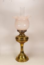 Edwardian Brass Duplex Oil Lamp with Chimney and Moulded Milk Glass Shade. Height: 56cm