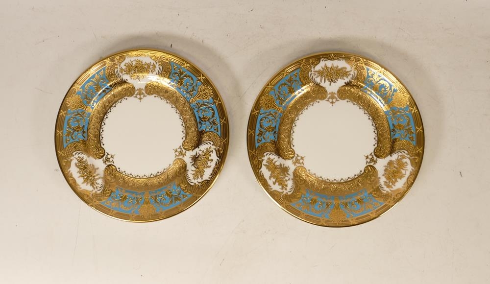 Two De Lamerie Fine Bone China heavily gilded Blue Majestic patterned sideplates, specially made