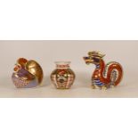 Three Royal Crown Derby Items to include Dragon Paperweight, Rooster Paperweight and a small Imari