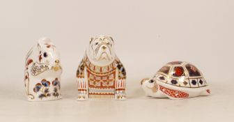 Royal Crown Derby Paperweights Bulldog, Squirrel and Tortoise, gold stopper (3)