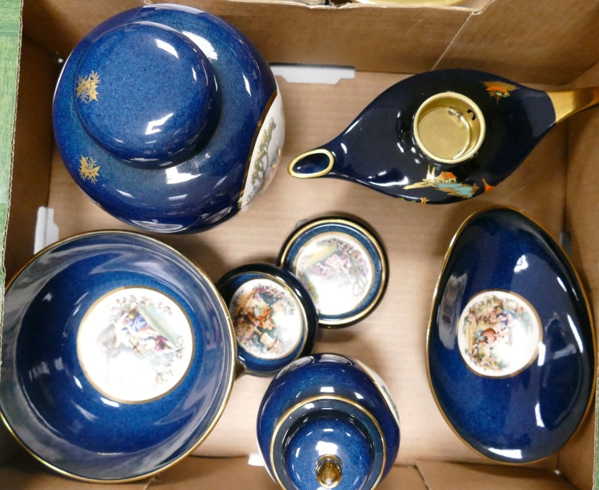 A collection of later Carlton ware decorated blue pieces including jar & cover, dishes etc (7)