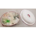 Vintage red and white enamel Roasting dish together with multicoloured sherry glasses (inside dish)