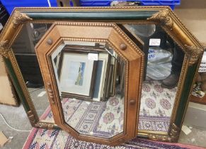 Modern shaped wall mirror with a green and gilt frame together with an early 20th century oak framed