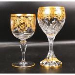 Two De Lamerie Fine Bone China heavily gilded Non Matching Wine Glasses, specially made high end