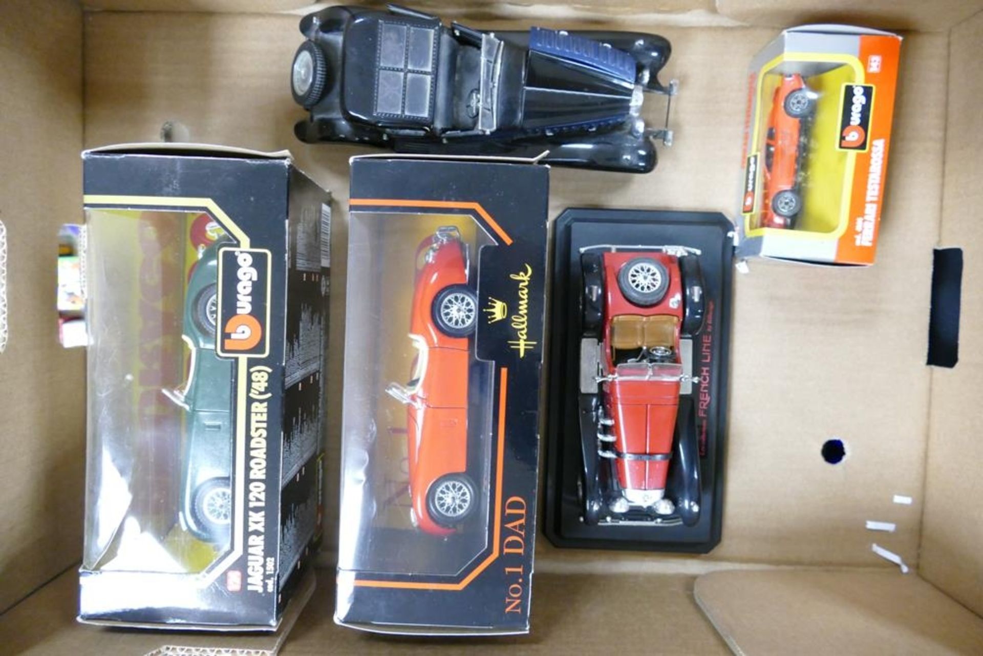 A collection of Burago Model Toy Cars including boxed 48 Jaguar Xk120 x 2, French Line Mercedes &