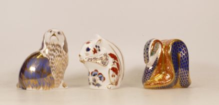 Royal Crown Derby Paperweights King Charles Spaniel, Squirrel and snake, gold stopper (3)