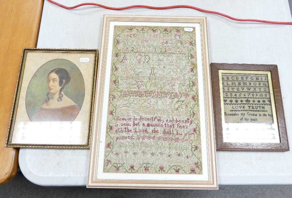 Early 19th Century Sampler together with similar dated 1806 to reverse & Female miniature (27 x 20)