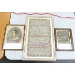Early 19th Century Sampler together with similar dated 1806 to reverse & Female miniature (27 x 20)