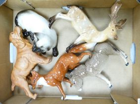 A collection of Beswick animals, including Cat, Stag, Fox (tail re-stuck), Donkey (tip of ear re-