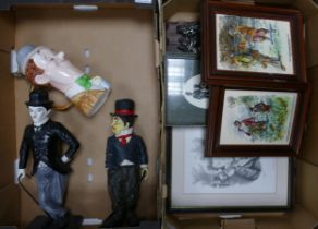 A Mixed Collection of Items to include Figures of Charlie Chaplin, Laurel & Hardy Pewter Lidded