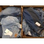 A quantity of BNWT ladies denim clothing items, jeans, shorts, jackets, mixed sizes (2 trays).