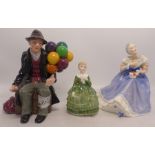 Three Royal Doulton Figures to include The Balloon Man HN1954 (seconds), Happy Anniversary HN3097