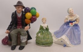 Three Royal Doulton Figures to include The Balloon Man HN1954 (seconds), Happy Anniversary HN3097