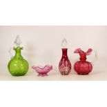 Green glass decanter and stopper, Cranbury glass jug, Cranbury scent bottle and Cranbury handled