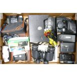 A collection of Vintage Camera Equipment to include Olympus Compact Cameras, Agfa Billy Bellows