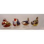 Royal Crown Derby paperweights Blue Tit, Chaffinch, Robin and Wren, gold stopper (4)