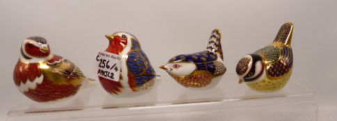 Royal Crown Derby paperweights Blue Tit, Chaffinch, Robin and Wren, gold stopper (4)