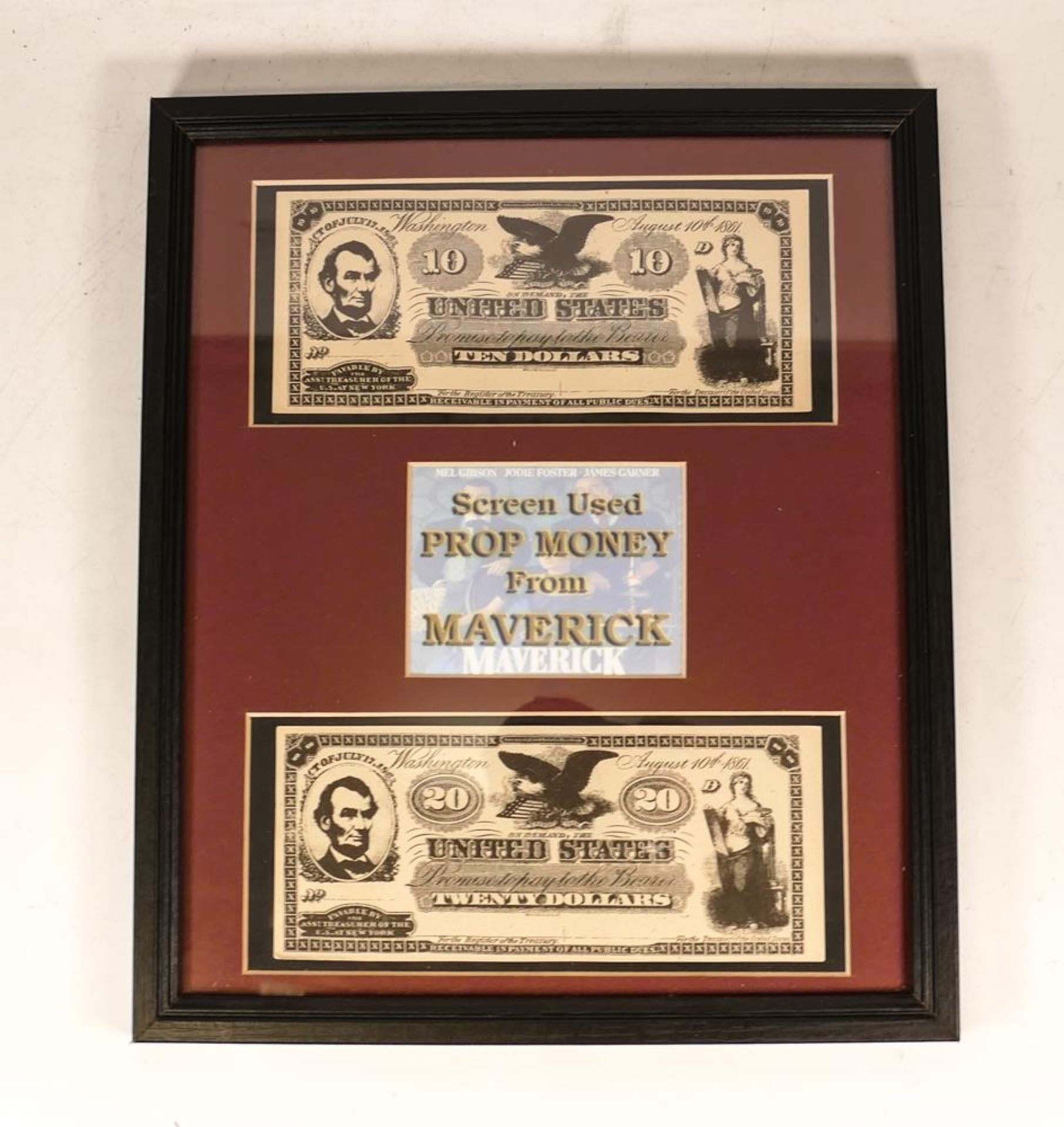 Framed Screen Used Prop Money from Mel Gibson Film Maverick ( no provenance) frame size 33 x 28cm