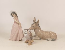 Lladro figures girl in pink dress 6276, Lladro owl and Nao Donkey (3)