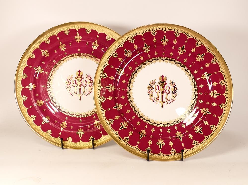 Two Large De Lamerie Fine Bone China heavily gilded Fleur-de-lis patterned cabinet plates ,