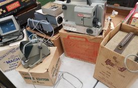 A collection of film viewing/editing items to include Boots Super 300 slide viewer, a boxed film