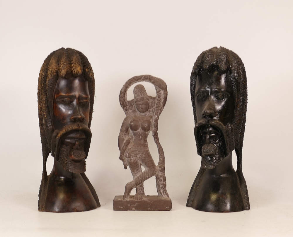 Three Ethnographic Figures to inlcude one Cambodian Carved Stone Deity Figure together with two