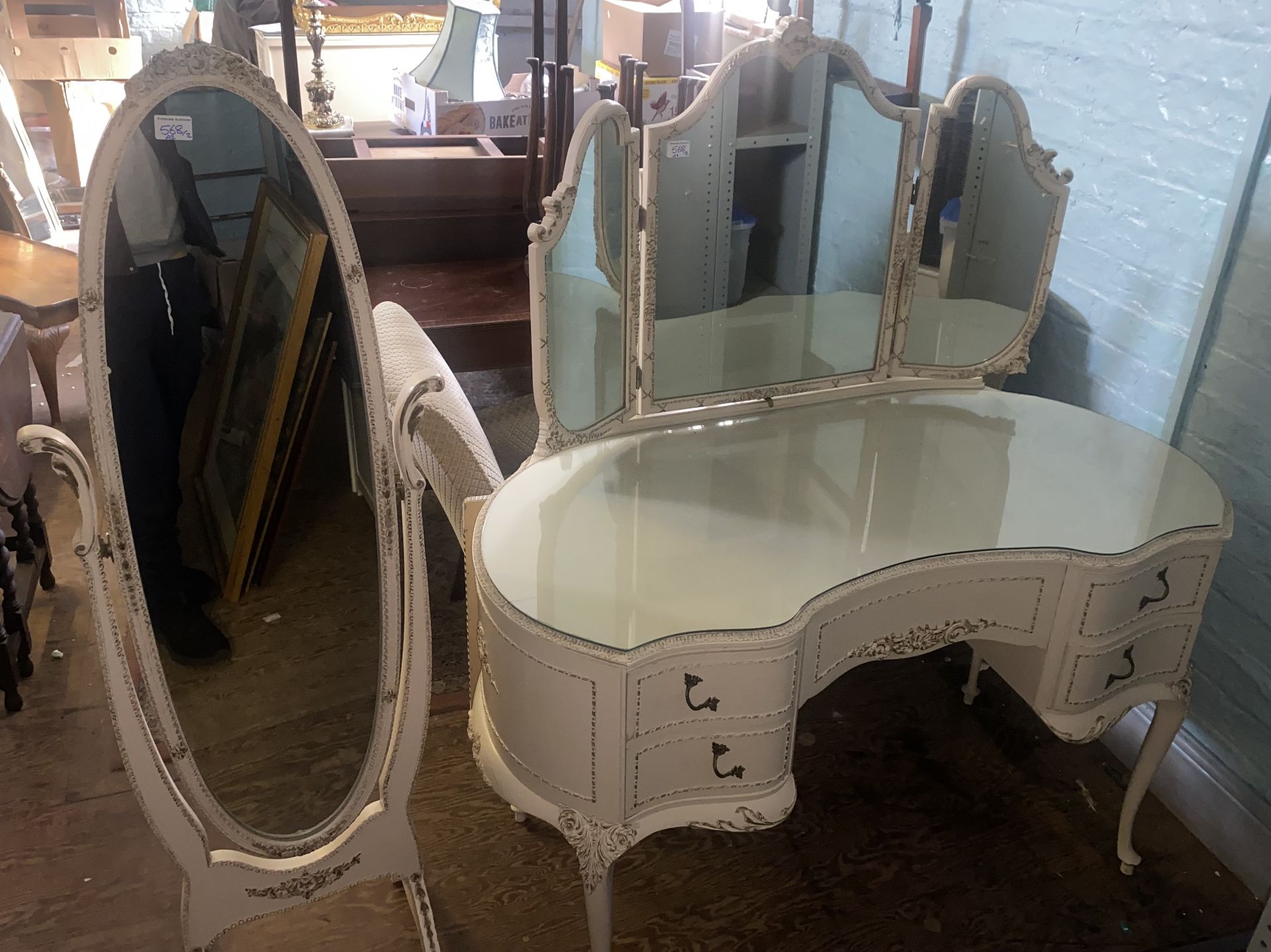 Ivory Gilt ladies dressing table with floating glass top, together with matching stool and cheval