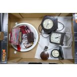 A collection of vintage Bakelite items including clocks, Thgermometer, Gilette Razor Box together