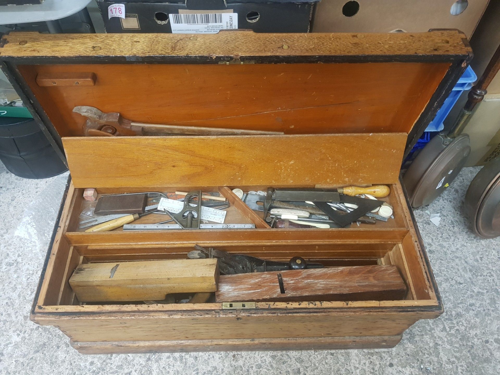 19th century wooden tool chest with good assortment of tools including Chisels, planes etc. - Image 2 of 2