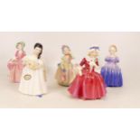 Five Small Royal Doulton Girl and Lady Figures to include Mandy HN2476, Bo Peep HN1811, Babie