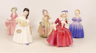 Five Small Royal Doulton Girl and Lady Figures to include Mandy HN2476, Bo Peep HN1811, Babie