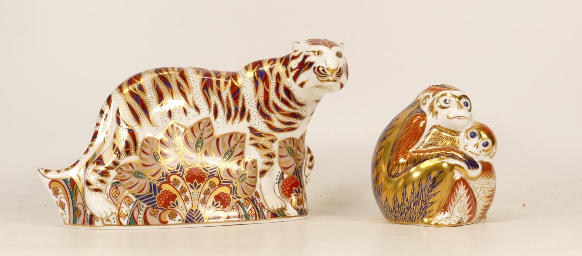 Royal Crown Derby Bengal Tiger Paperweight with Silver Stopper together with Monkey and Baby also