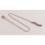 18ct white gold diamond pendant set with pink sapphires or similar stones with chain, 4.5g.