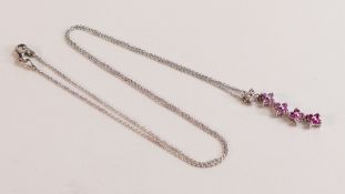 18ct white gold diamond pendant set with pink sapphires or similar stones with chain, 4.5g.