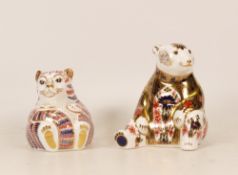 Royal Crown Derby paperweights Imari Teddy Bear and Tiger Cub, boxed, gold stopper (2)