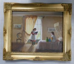 Deborah JONES (1921-2012), Two Girls playing with a Cat in a Childs Bedroom, Gilt Framed Oil on