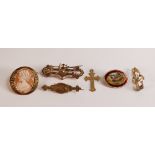 6 gold items - 5 x 9ct gold brooches & a small 9ct hallmarked cross. Some items hallmarked, others