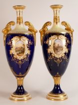 19th century Coalport pair of two handled vases, gilded all over & decorated with panels of