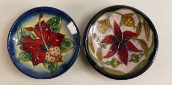 Two Moorcroft pin dishes to include Simeon and Delonix . Boxed