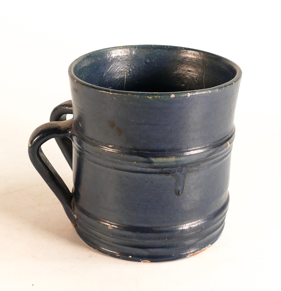 Dicker Ware Sussex two handed tankard, in deep blue mat glaze, hairline to rim & various paint - Image 5 of 6