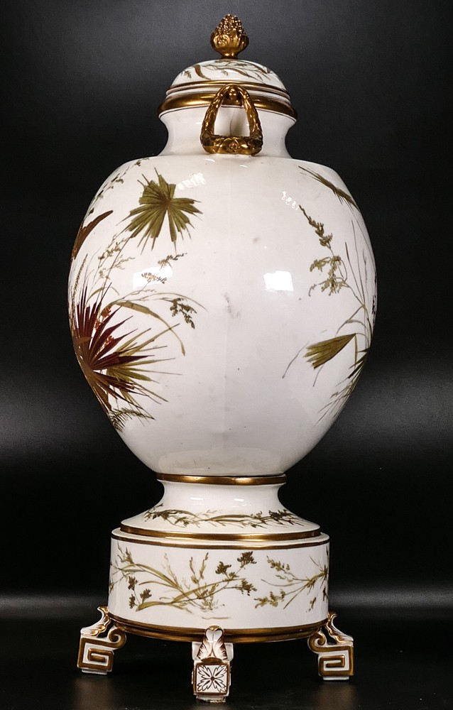 Late 19th century presumed Moore & Co Prestige Foleyian lidded vase decorated with crane & - Image 2 of 4